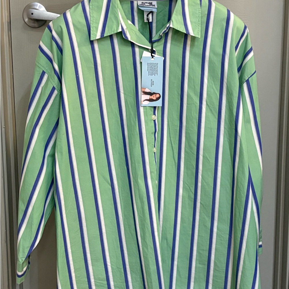 Women’s Striped Green and Blue XXL Long Sleeve Shirt in soft, lightweight cotton